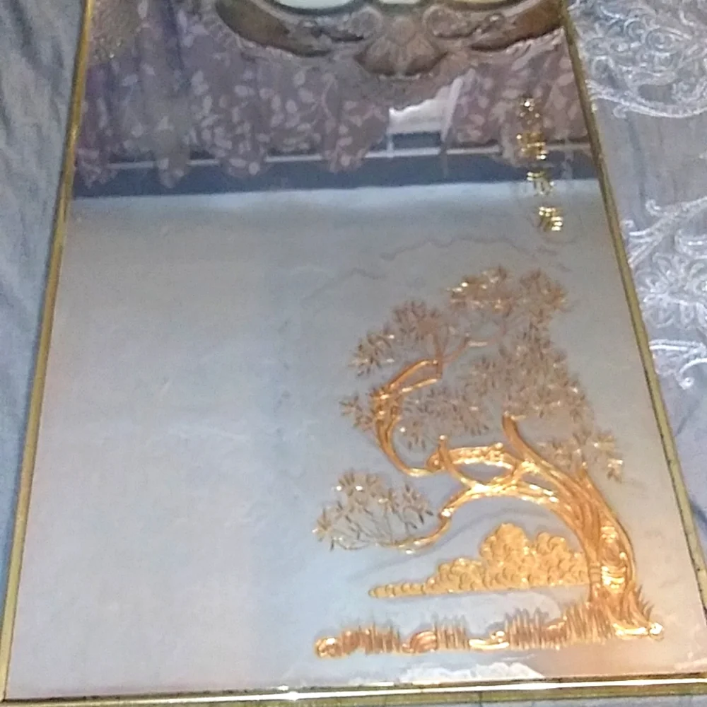 VINTAGE HOLLYWOOD REGENCY ETCHED GOLD JAPANESE MIRRORS 3PC